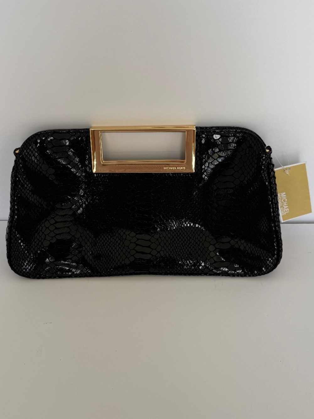 NWT Michael Kors Black Snake Embossed Clutch Gold Frame Evening Purse